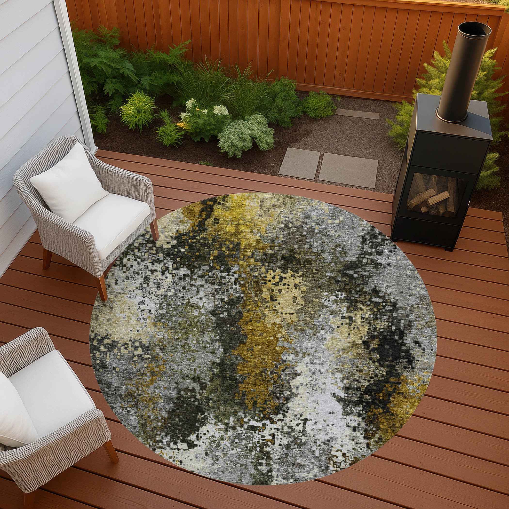 8' Pewter Gold And Silver Round Abstract Washable Indoor Outdoor Area Rug
