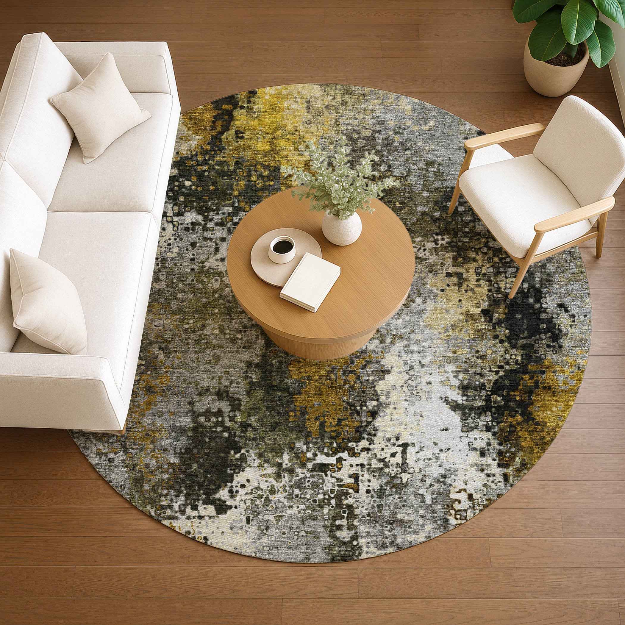 8' Pewter Gold And Silver Round Abstract Washable Indoor Outdoor Area Rug
