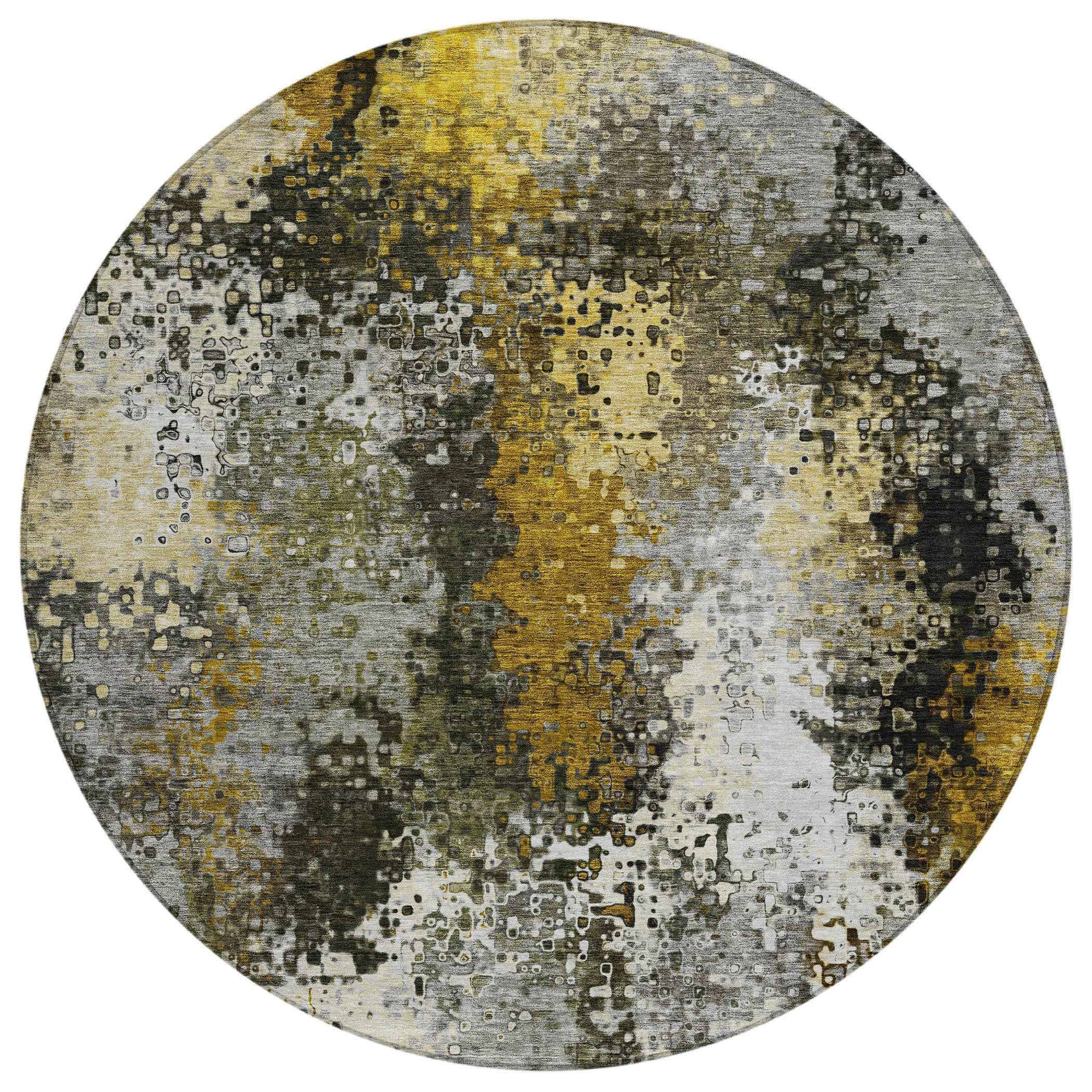 8' Pewter Gold And Silver Round Abstract Washable Indoor Outdoor Area Rug