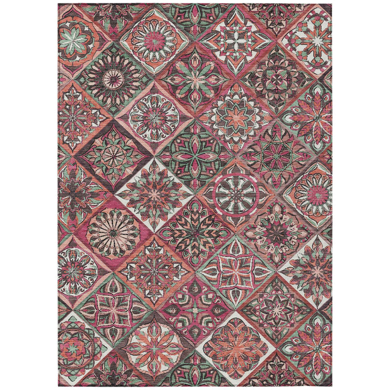 9' X 12' Blush And Green Patchwork Washable Indoor Outdoor Area Rug