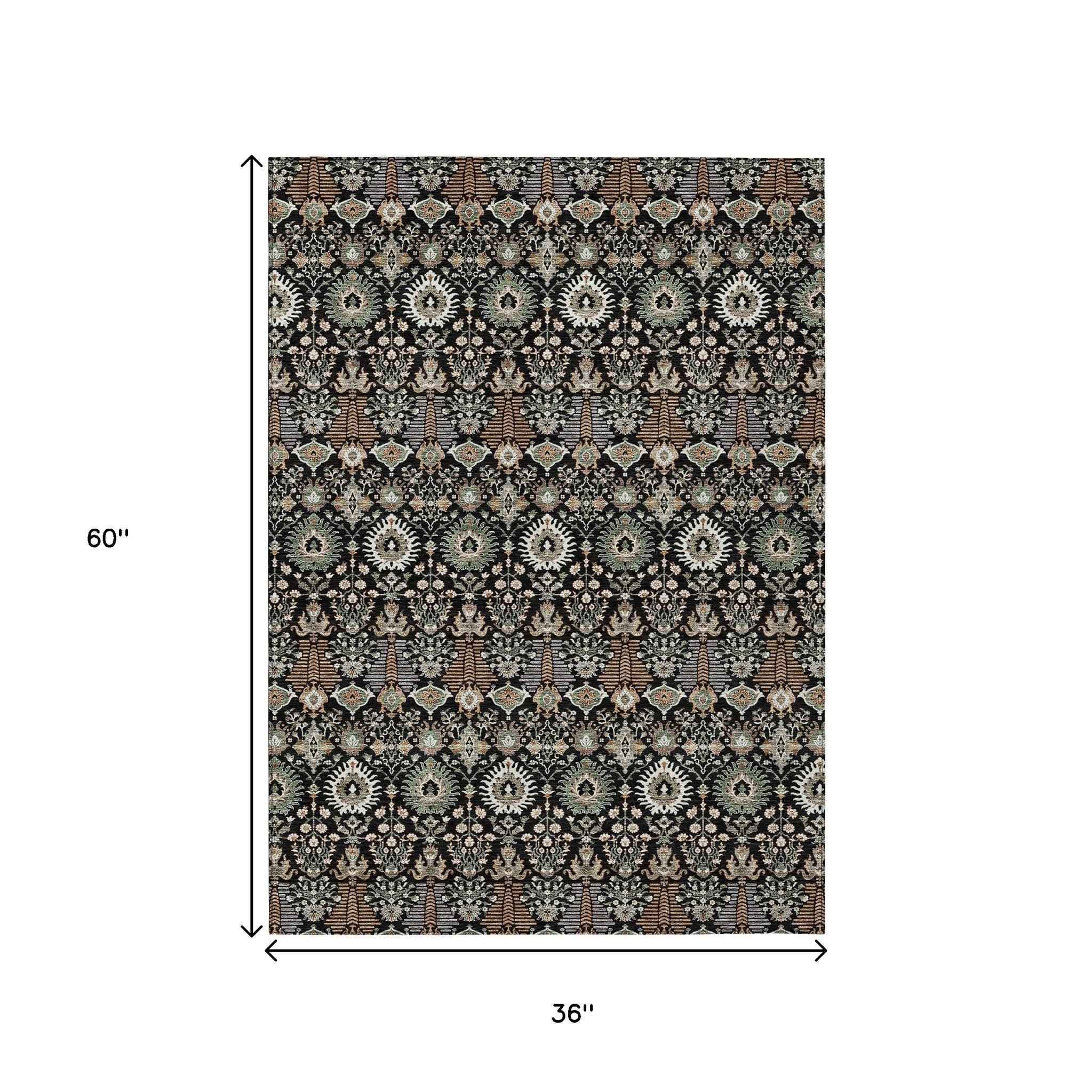 3' X 5' Black And Ivory Floral Washable Indoor Outdoor Area Rug