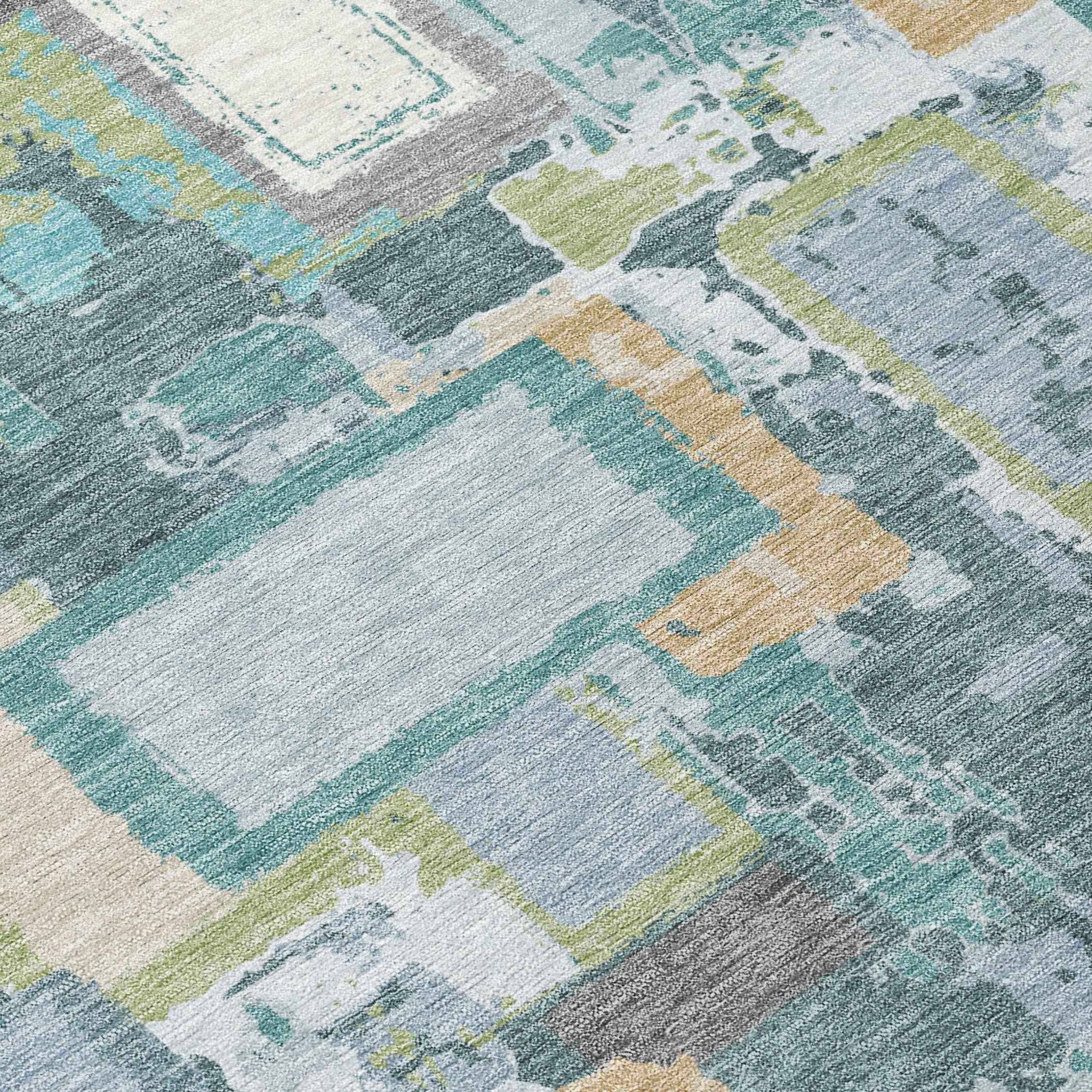 3' X 5' Teal Blue Green And Ivory Geometric Washable Indoor Outdoor Area Rug