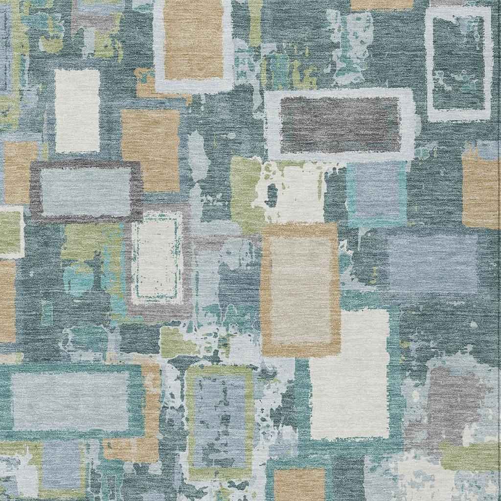 3' X 5' Teal Blue Green And Ivory Geometric Washable Indoor Outdoor Area Rug