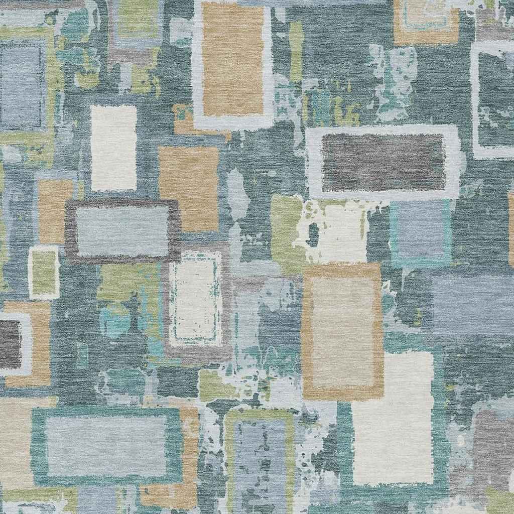 3' X 5' Teal Blue Green And Ivory Geometric Washable Indoor Outdoor Area Rug