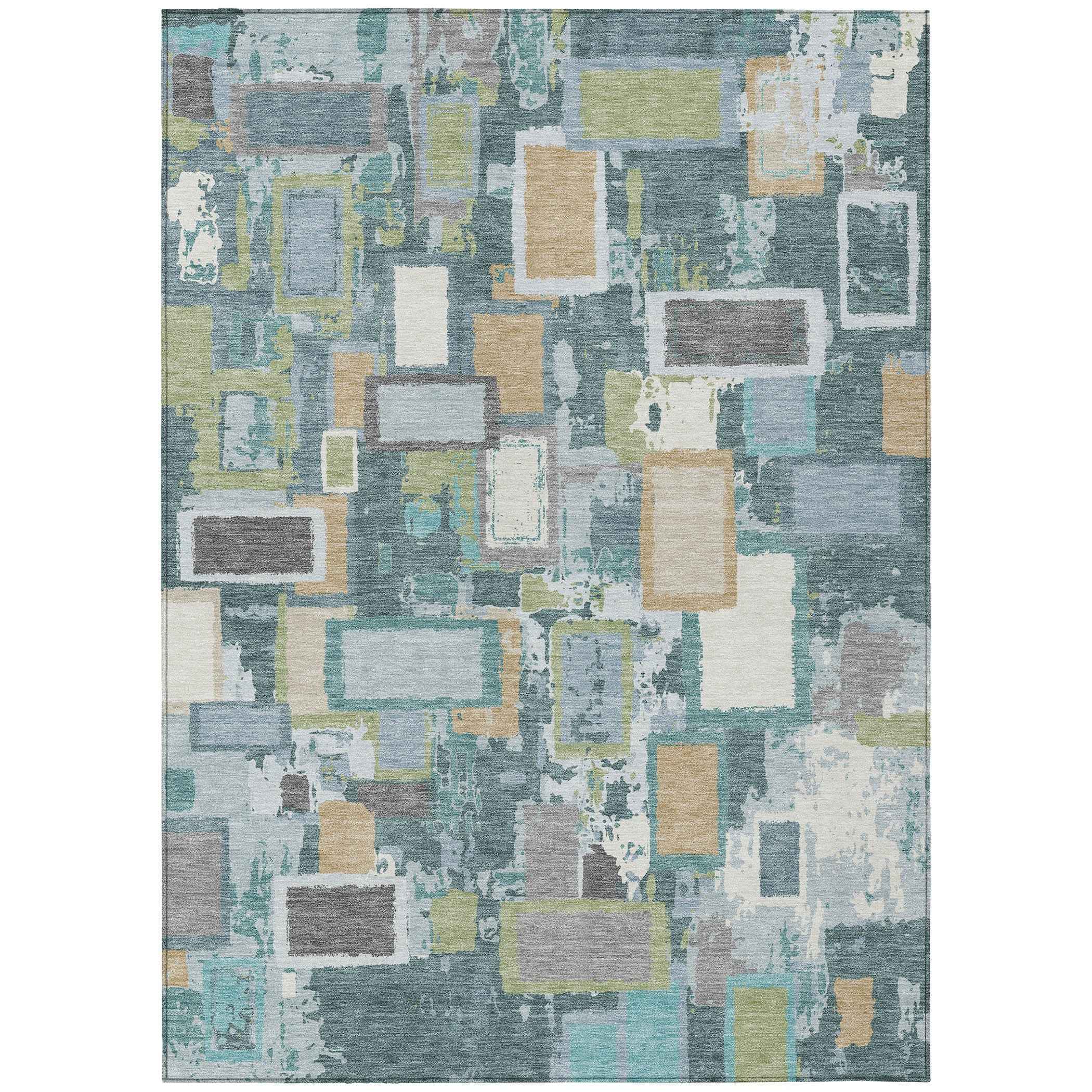 3' X 5' Teal Blue Green And Ivory Geometric Washable Indoor Outdoor Area Rug