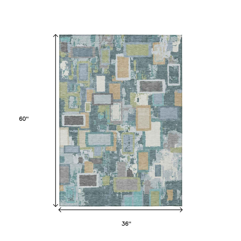 3' X 5' Teal Blue Green And Ivory Geometric Washable Indoor Outdoor Area Rug