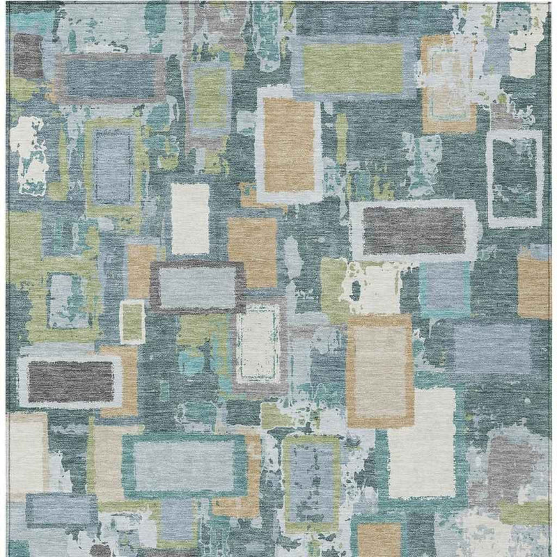 3' X 5' Teal Blue Green And Ivory Geometric Washable Indoor Outdoor Area Rug