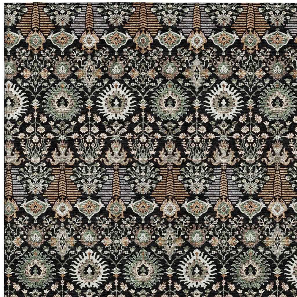 3' X 5' Black And Ivory Floral Washable Indoor Outdoor Area Rug