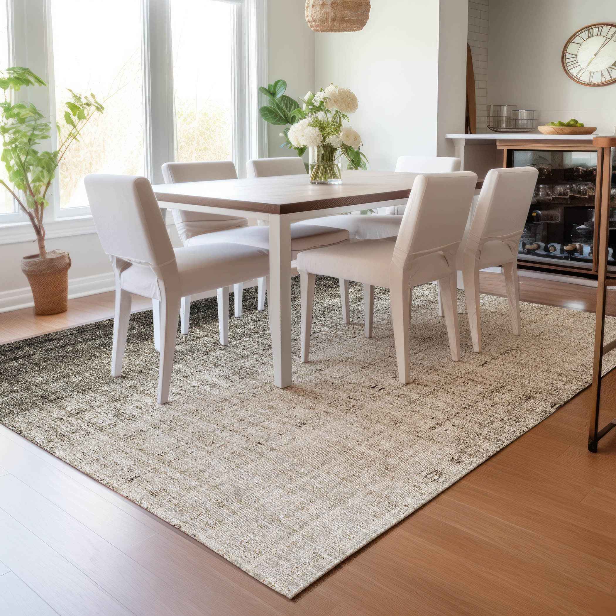 8' X 10' Brown And Beige Striped Washable Indoor Outdoor Area Rug