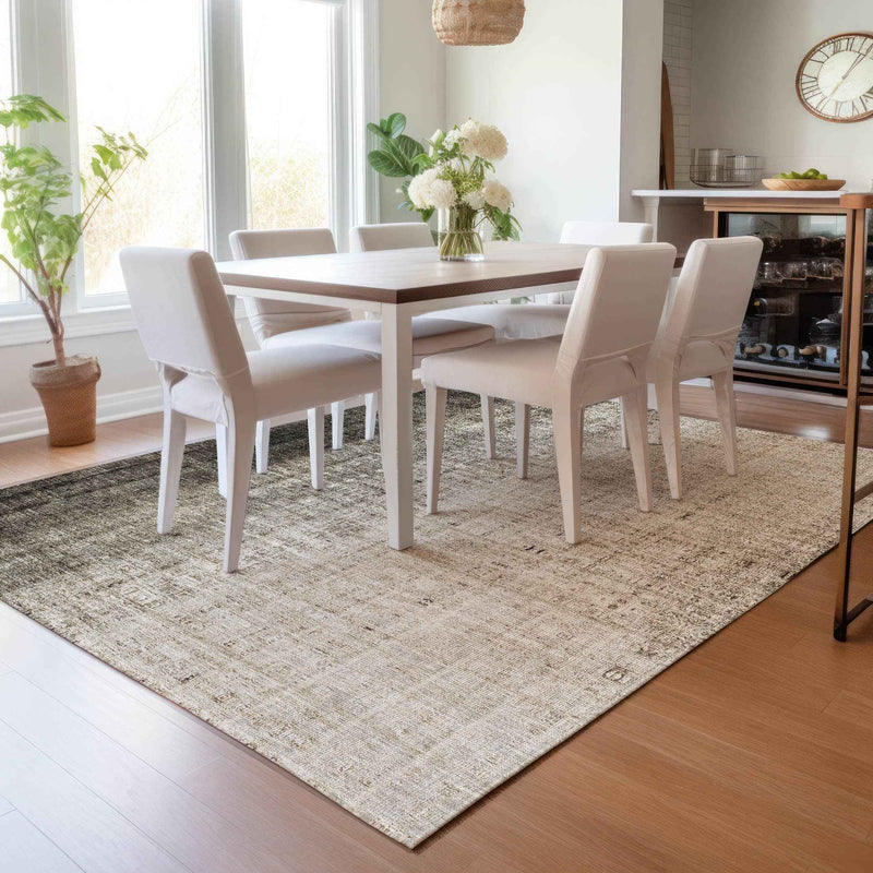 8' X 10' Brown And Beige Striped Washable Indoor Outdoor Area Rug