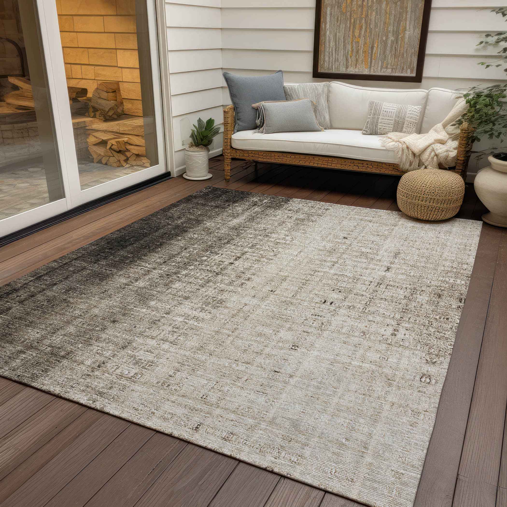 8' X 10' Brown And Beige Striped Washable Indoor Outdoor Area Rug
