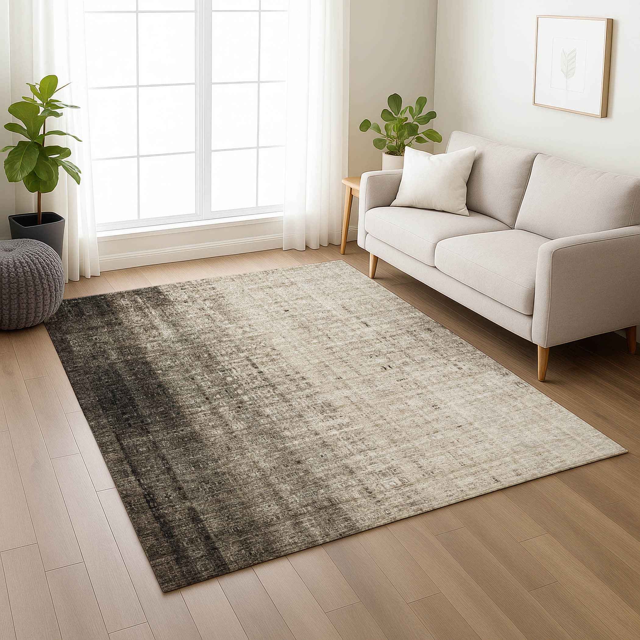 8' X 10' Brown And Beige Striped Washable Indoor Outdoor Area Rug