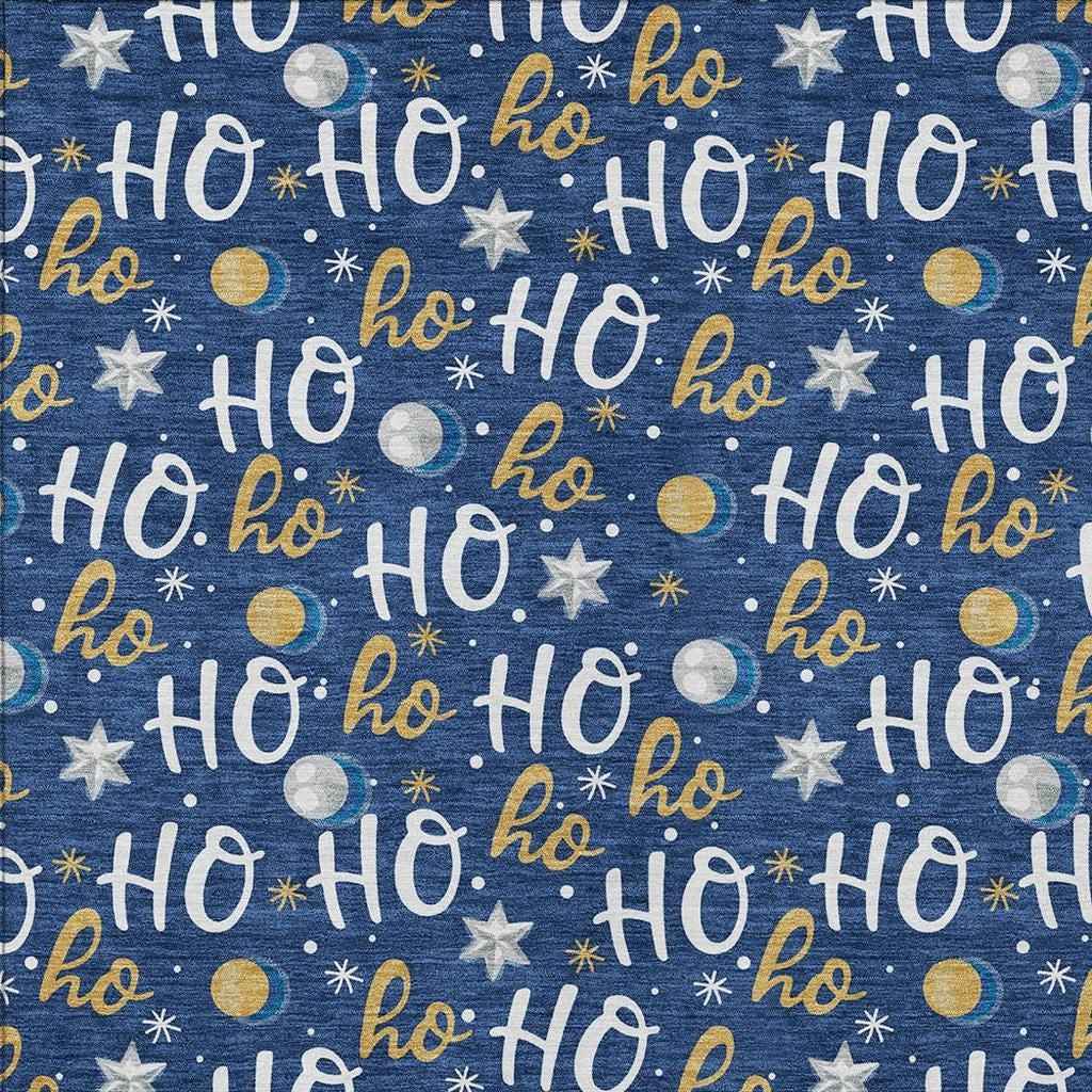 5' X 8' Navy Blue White And Gold Polka Dot Washable Indoor Outdoor Area Rug