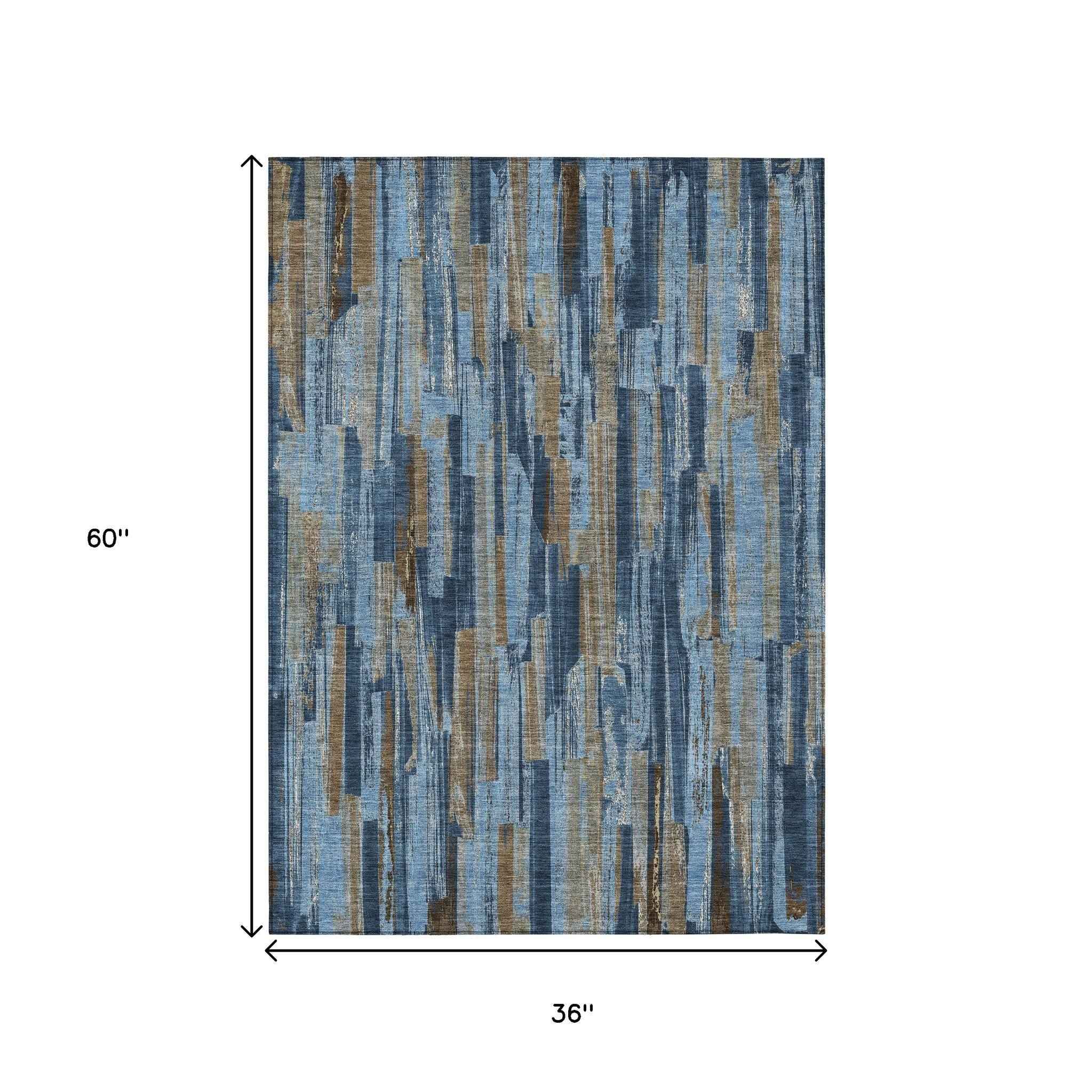 3' X 5' Navy Blue And Taupe Striped Washable Indoor Outdoor Area Rug