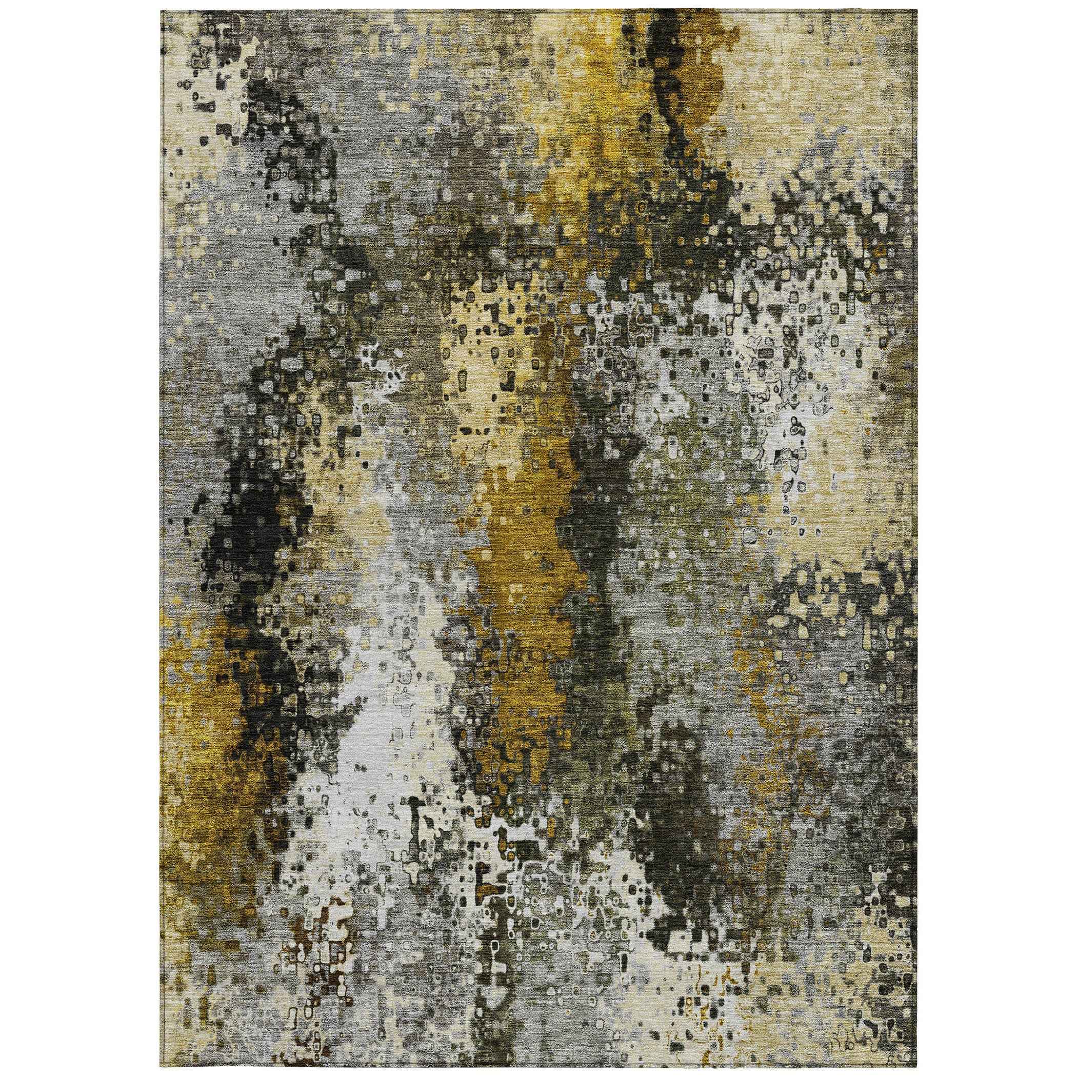 8' X 10' Pewter Gold And Silver Abstract Washable Indoor Outdoor Area Rug