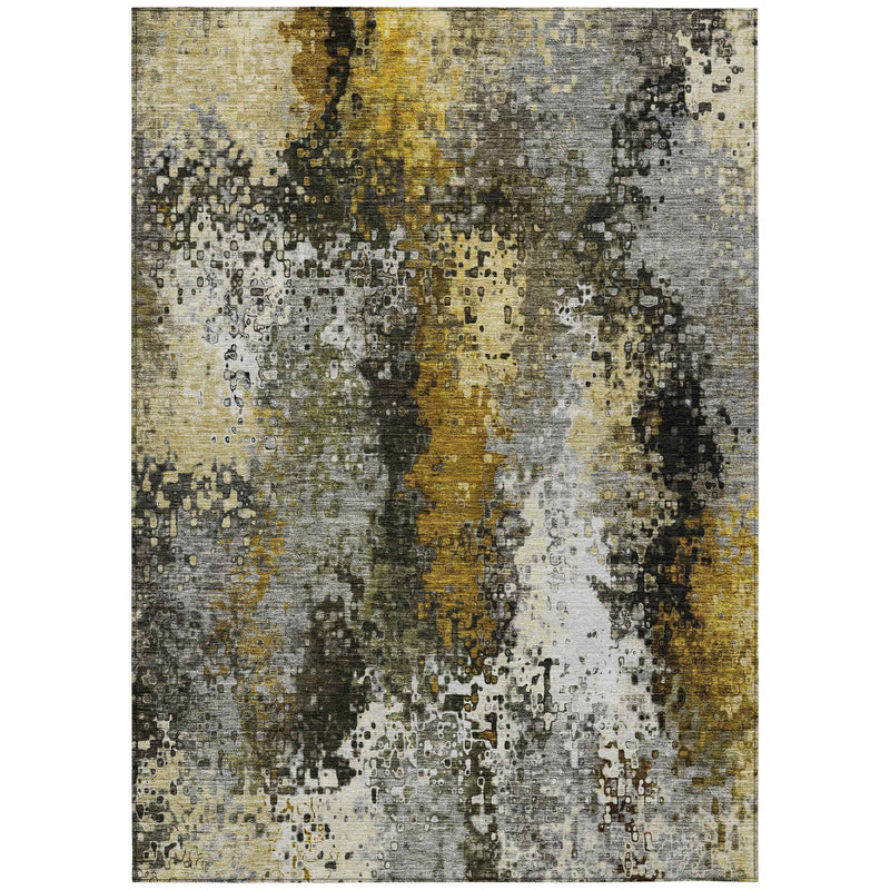 8' X 10' Pewter Gold And Silver Abstract Washable Indoor Outdoor Area Rug