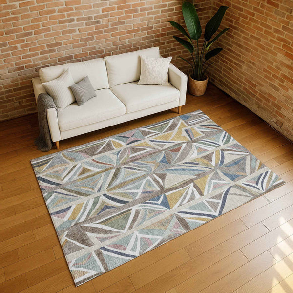 10' X 14' Taupe Ivory And Gold Geometric Washable Indoor Outdoor Area Rug