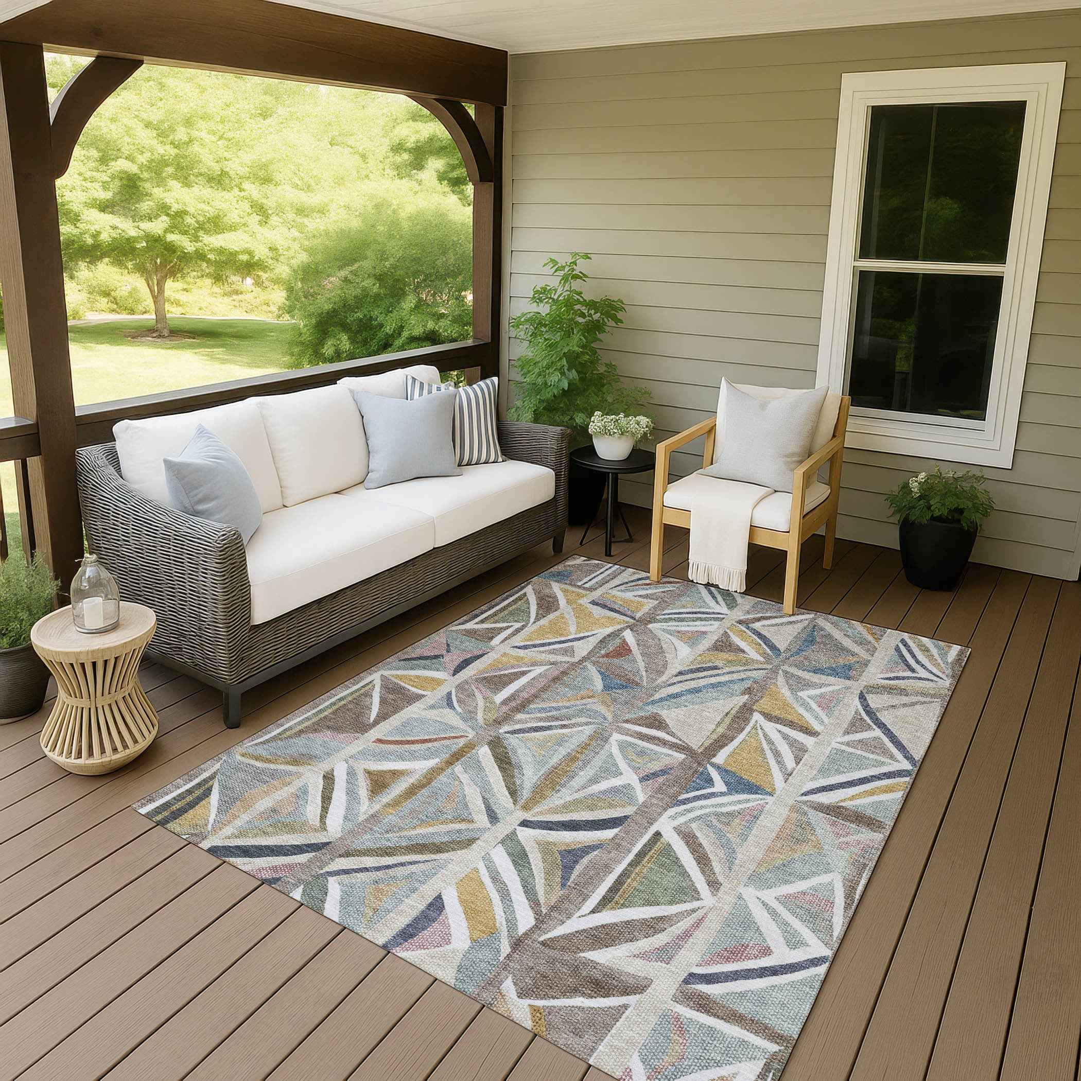 10' X 14' Taupe Ivory And Gold Geometric Washable Indoor Outdoor Area Rug