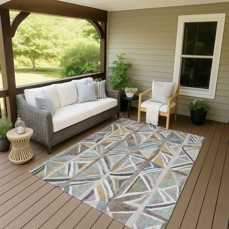 10' X 14' Taupe Ivory And Gold Geometric Washable Indoor Outdoor Area Rug