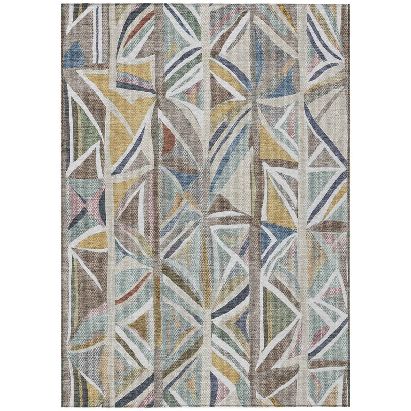 10' X 14' Taupe Ivory And Gold Geometric Washable Indoor Outdoor Area Rug