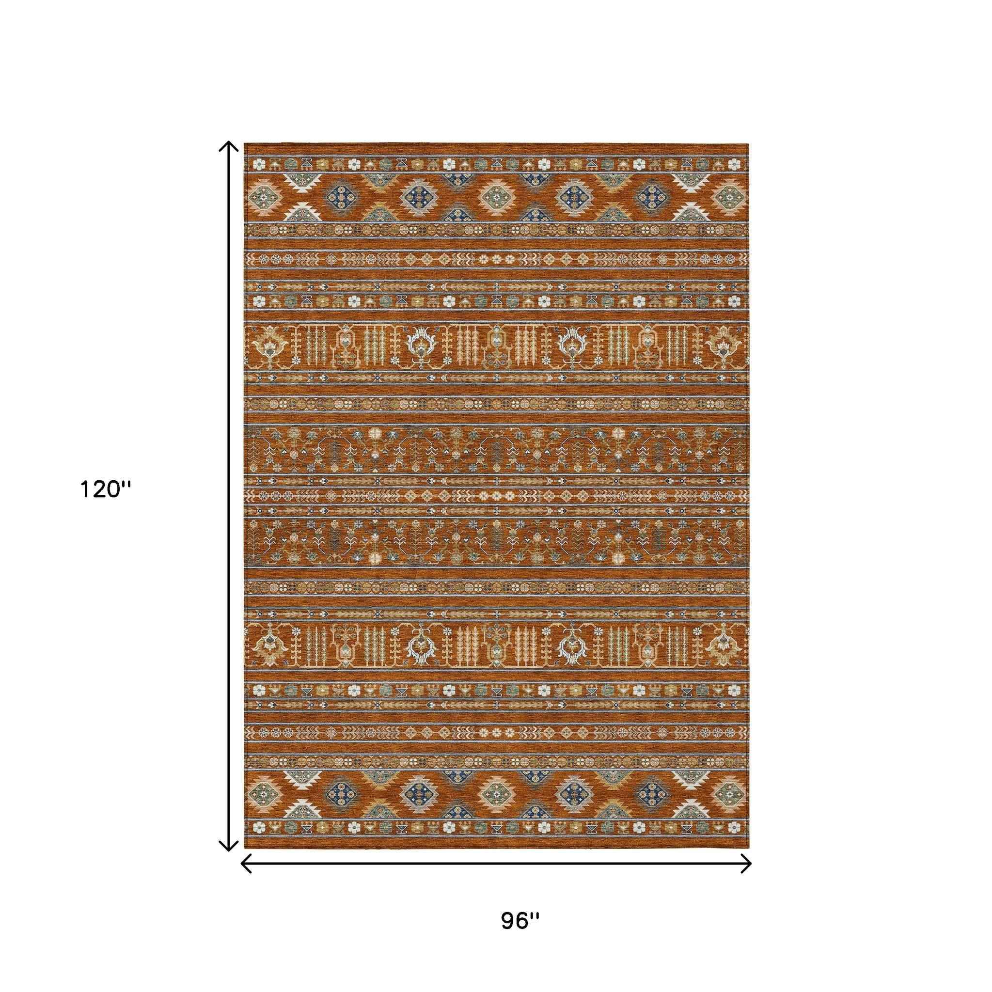 8' X 10' Rust Blue And Ivory Tribal Washable Indoor Outdoor Area Rug