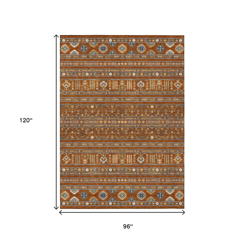 8' X 10' Rust Blue And Ivory Tribal Washable Indoor Outdoor Area Rug