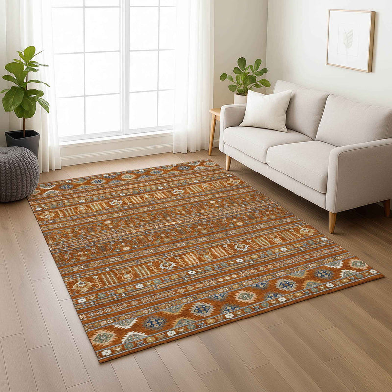 8' X 10' Rust Blue And Ivory Tribal Washable Indoor Outdoor Area Rug