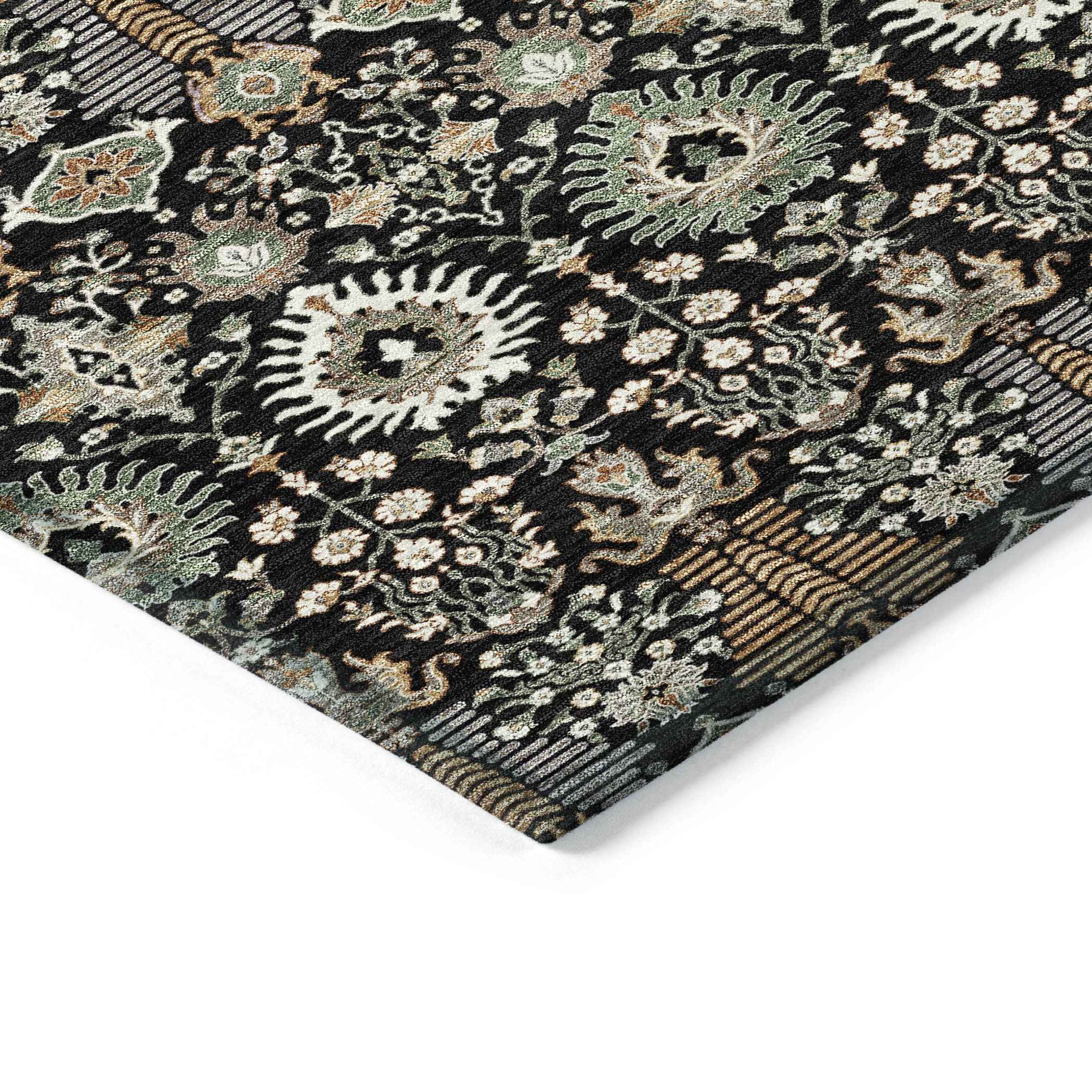 9' X 12' Black And Ivory Floral Washable Indoor Outdoor Area Rug