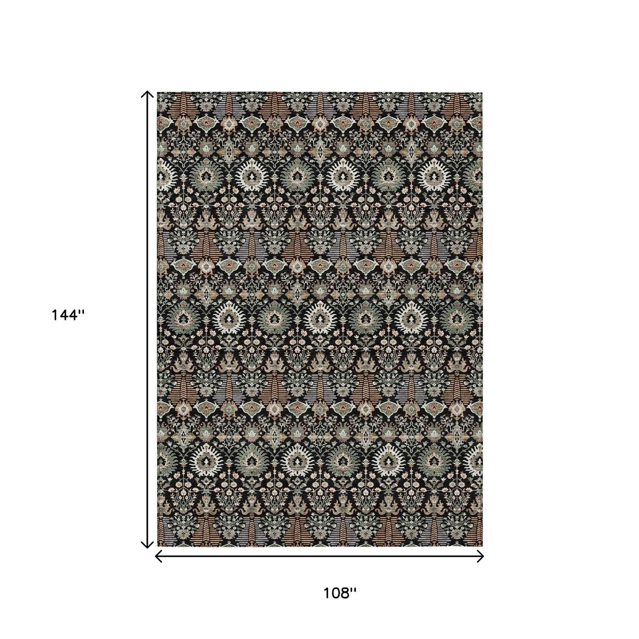 9' X 12' Black And Ivory Floral Washable Indoor Outdoor Area Rug