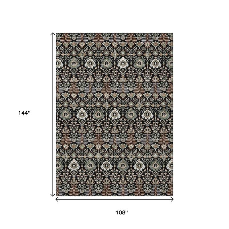 9' X 12' Black And Ivory Floral Washable Indoor Outdoor Area Rug