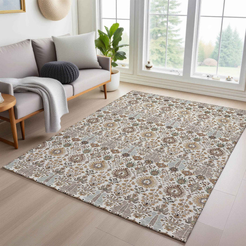 5' X 8' Ivory And Brown Floral Washable Indoor Outdoor Area Rug