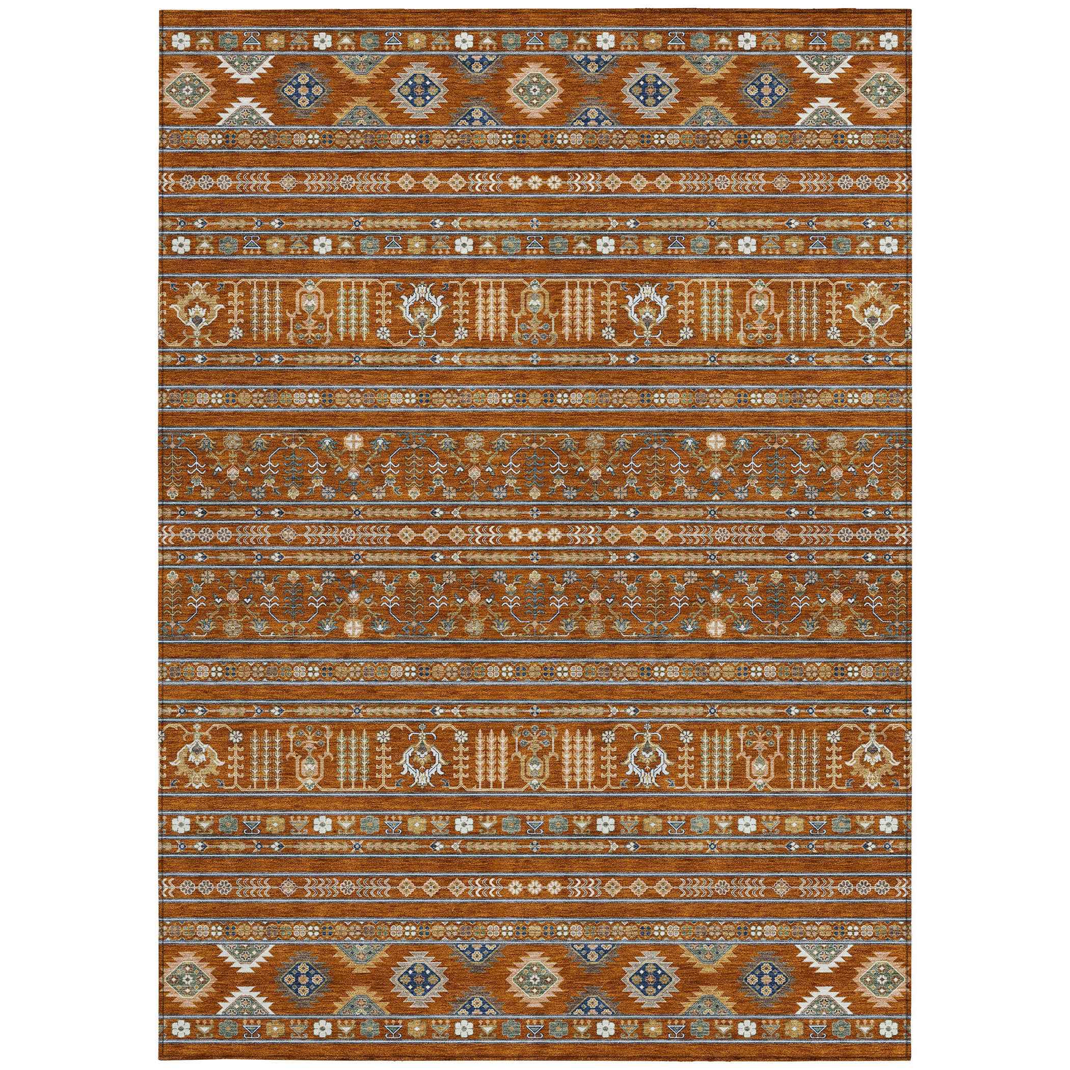5' X 8' Rust Blue And Ivory Tribal Washable Indoor Outdoor Area Rug
