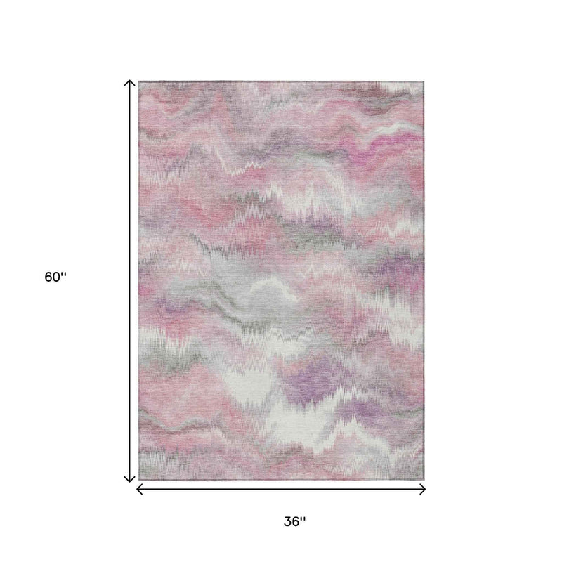 3' X 5' Blush And Ivory Abstract Washable Indoor Outdoor Area Rug