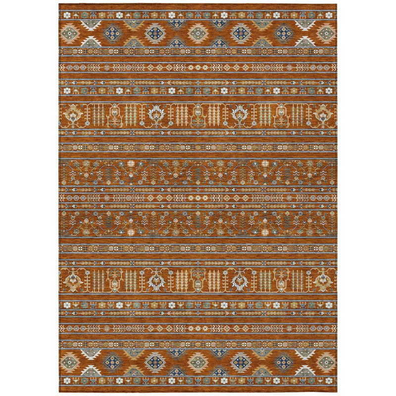 5' X 8' Rust Blue And Ivory Tribal Washable Indoor Outdoor Area Rug