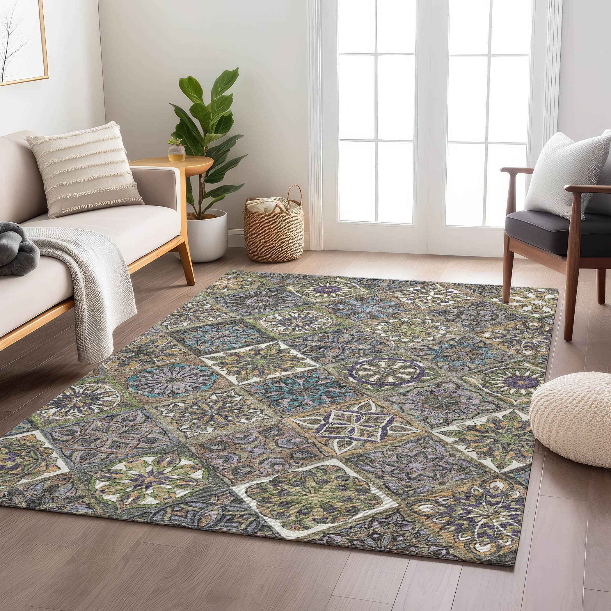 5' X 8' Taupe And Green Patchwork Washable Indoor Outdoor Area Rug