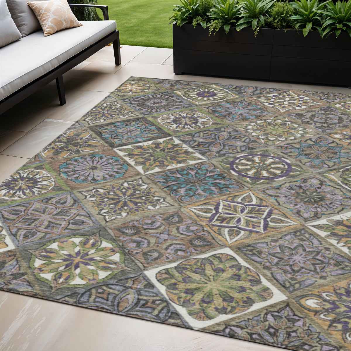 5' X 8' Taupe And Green Patchwork Washable Indoor Outdoor Area Rug
