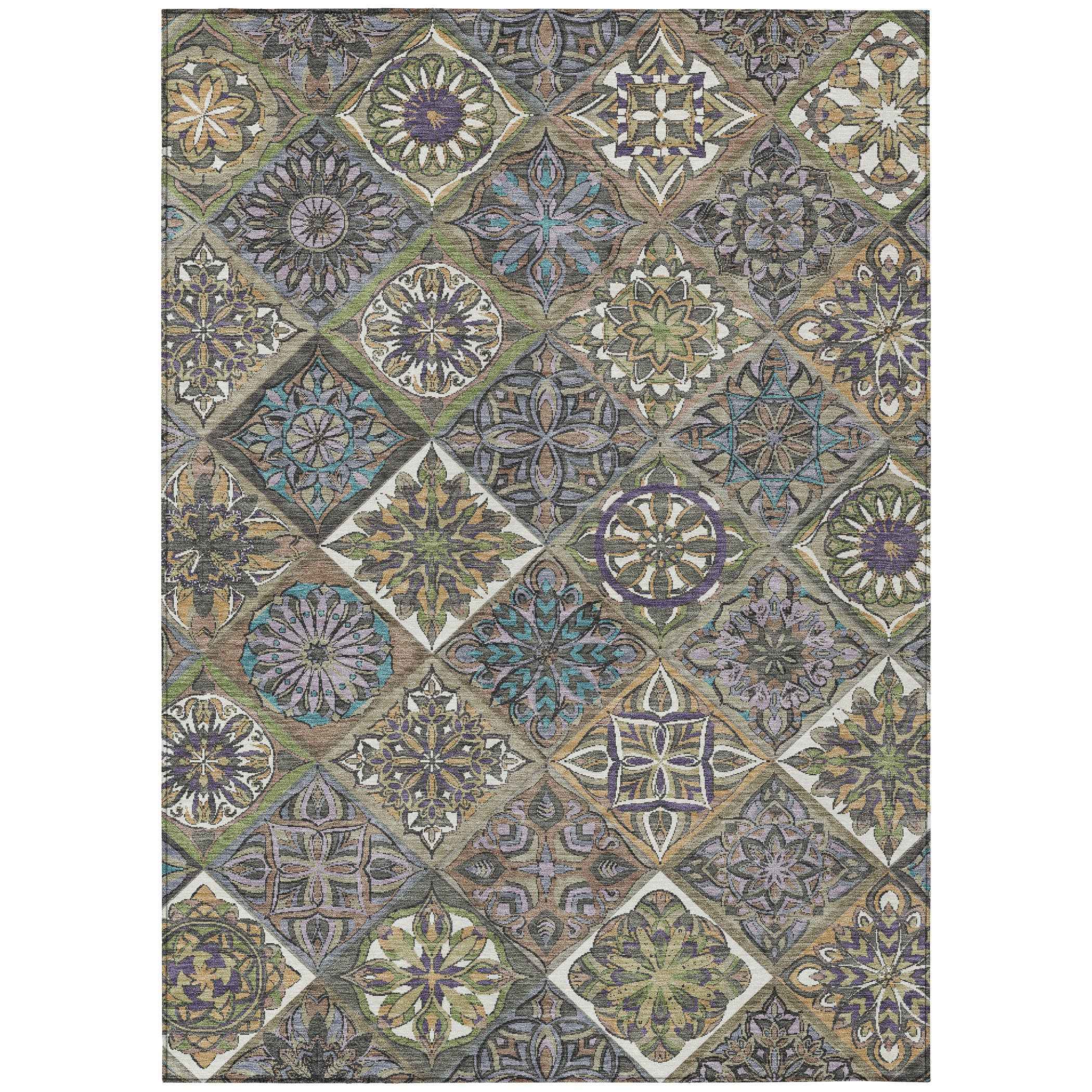 5' X 8' Taupe And Green Patchwork Washable Indoor Outdoor Area Rug