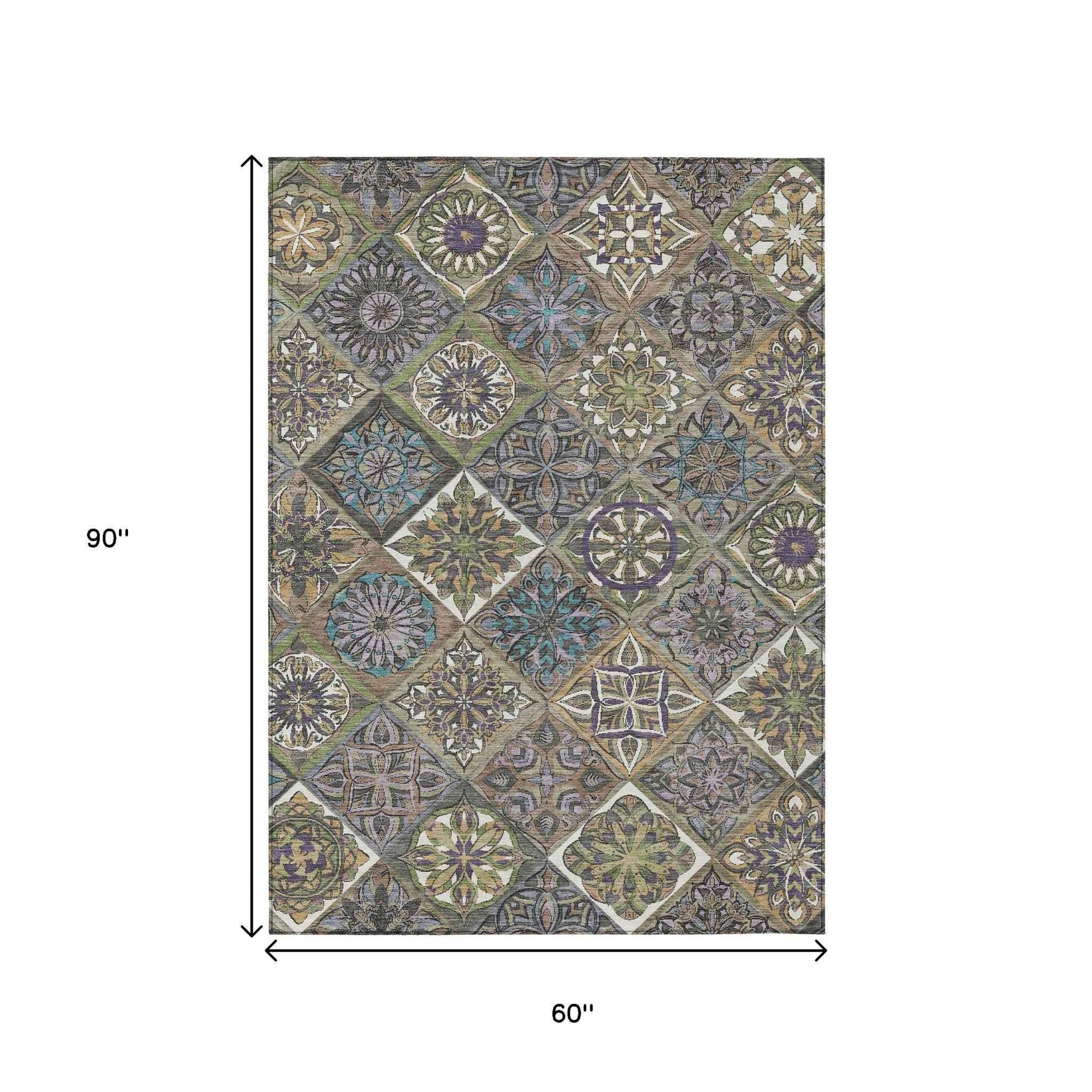 5' X 8' Taupe And Green Patchwork Washable Indoor Outdoor Area Rug
