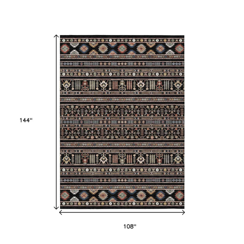 9' X 12' Black Blue And Copper Tribal Washable Indoor Outdoor Area Rug