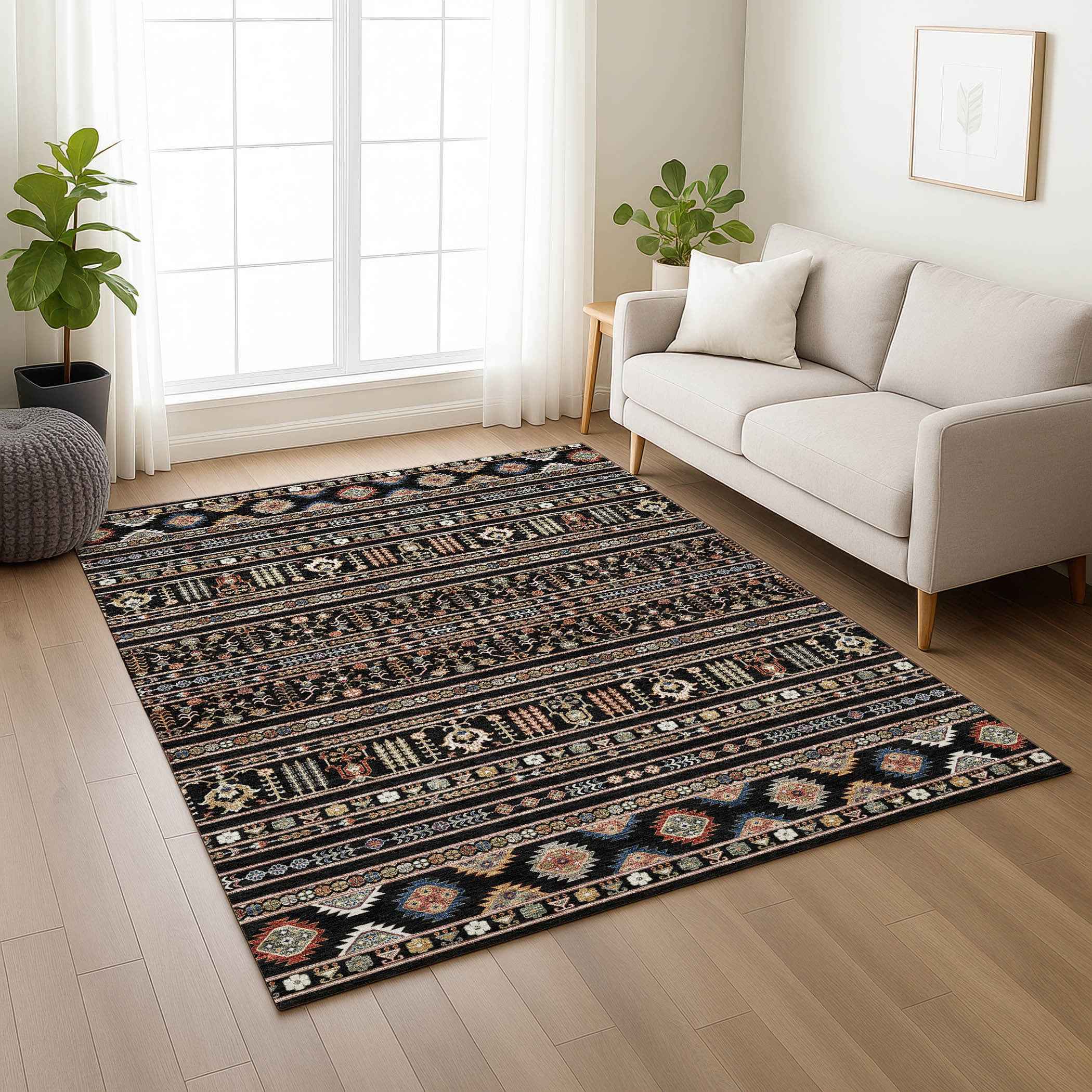 9' X 12' Black Blue And Copper Tribal Washable Indoor Outdoor Area Rug