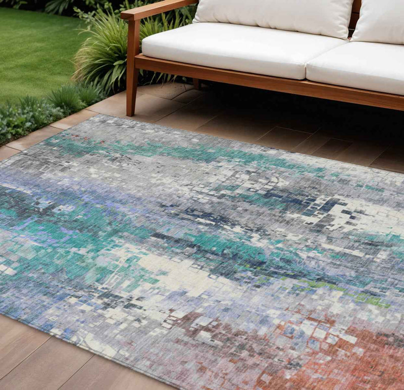 9' X 12' Teal Blue Ivory Gray And Copper Abstract Washable Indoor Outdoor Area Rug