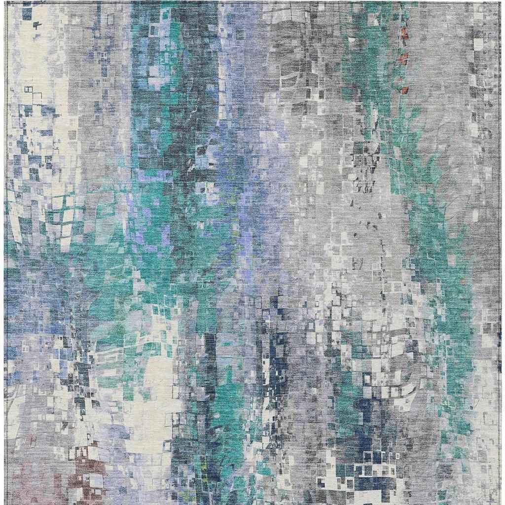 9' X 12' Teal Blue Ivory Gray And Copper Abstract Washable Indoor Outdoor Area Rug