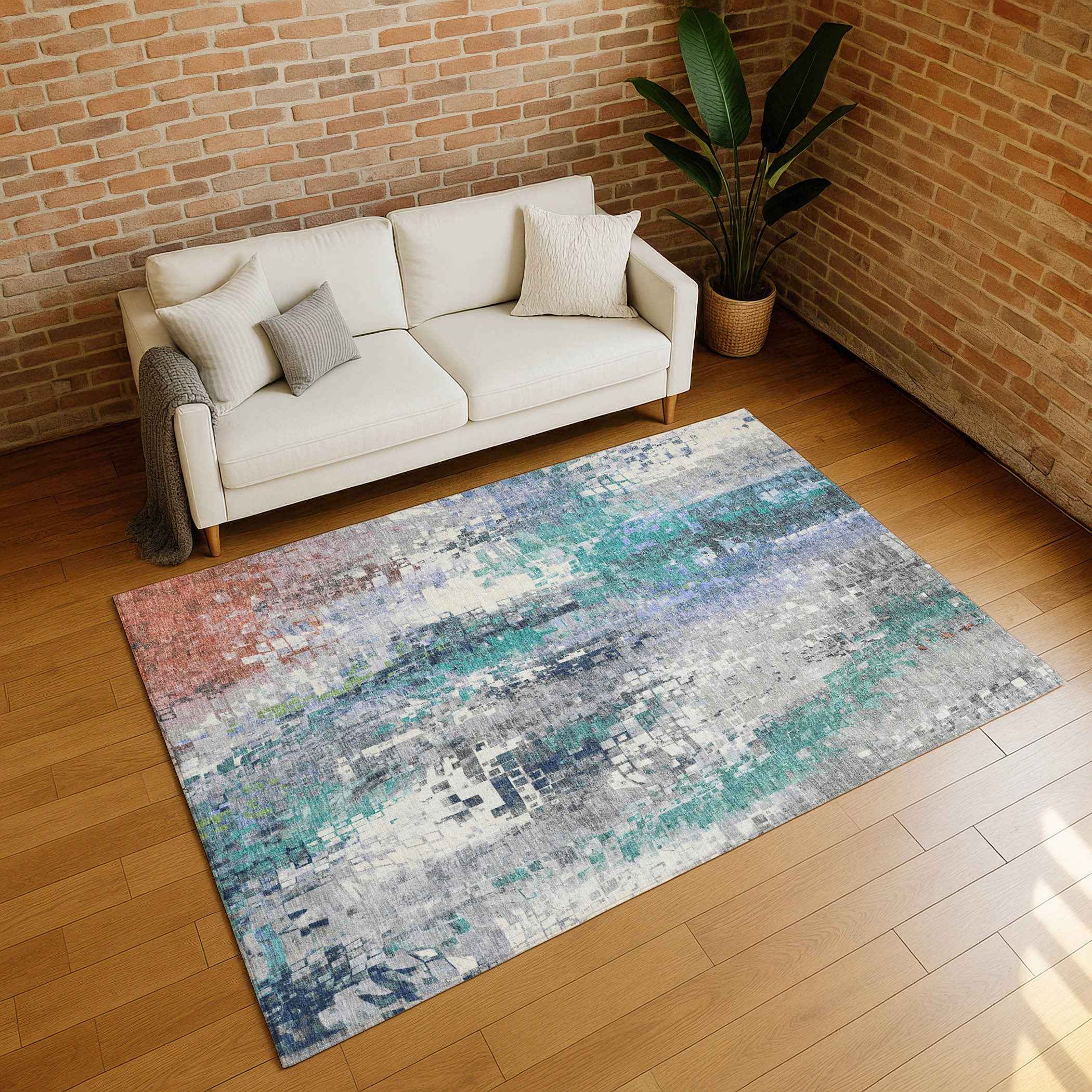 9' X 12' Teal Blue Ivory Gray And Copper Abstract Washable Indoor Outdoor Area Rug