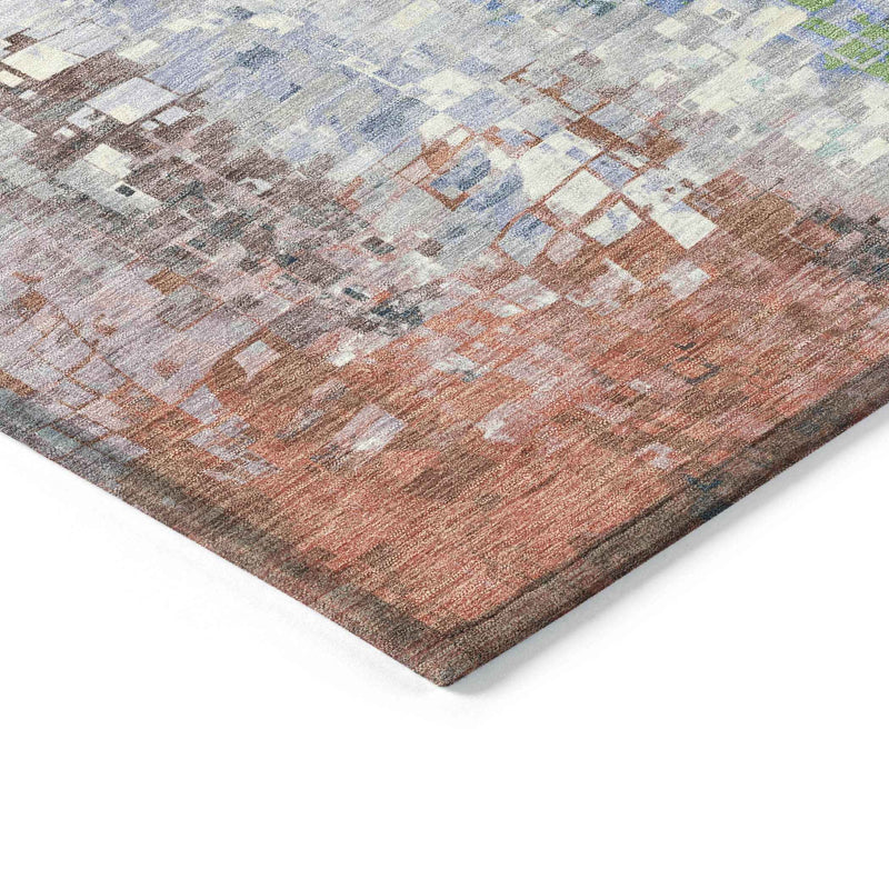 9' X 12' Teal Blue Ivory Gray And Copper Abstract Washable Indoor Outdoor Area Rug