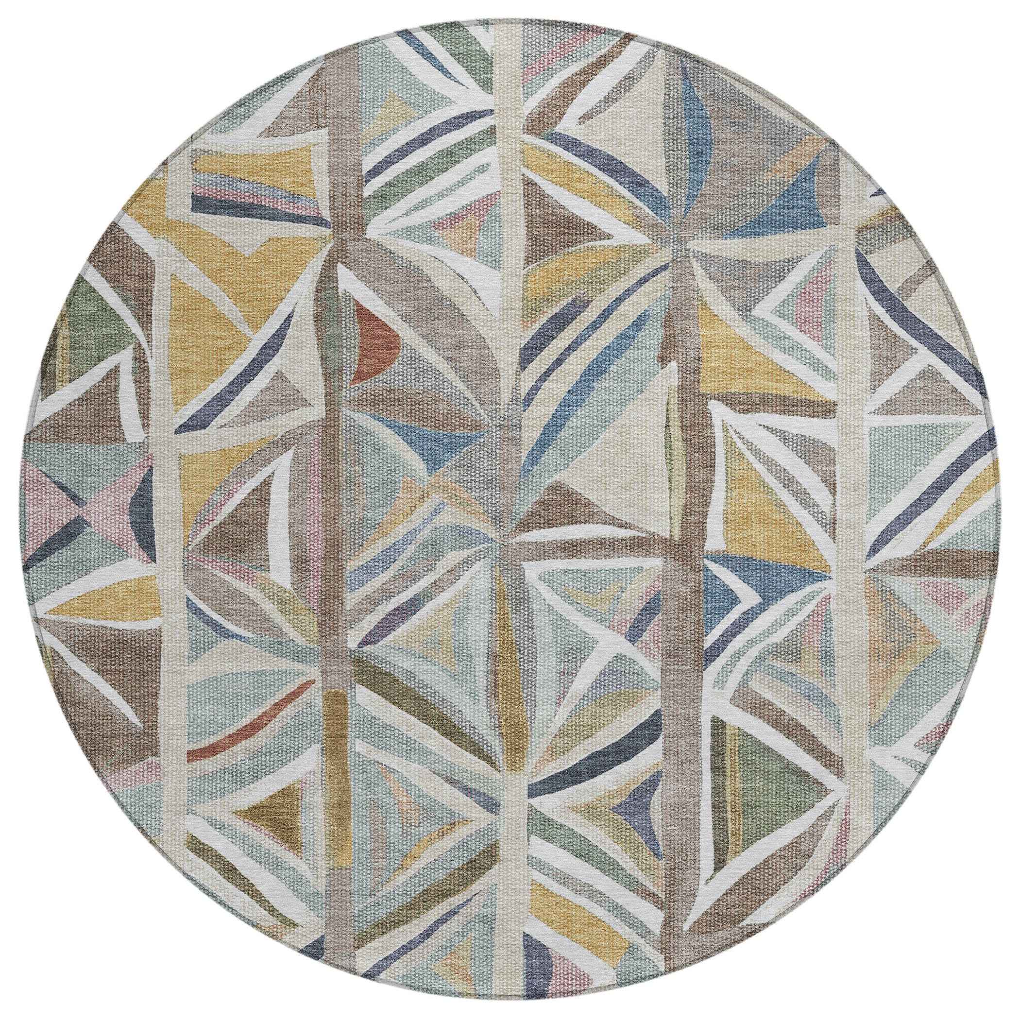 8' Taupe Ivory And Gold Round Geometric Washable Indoor Outdoor Area Rug