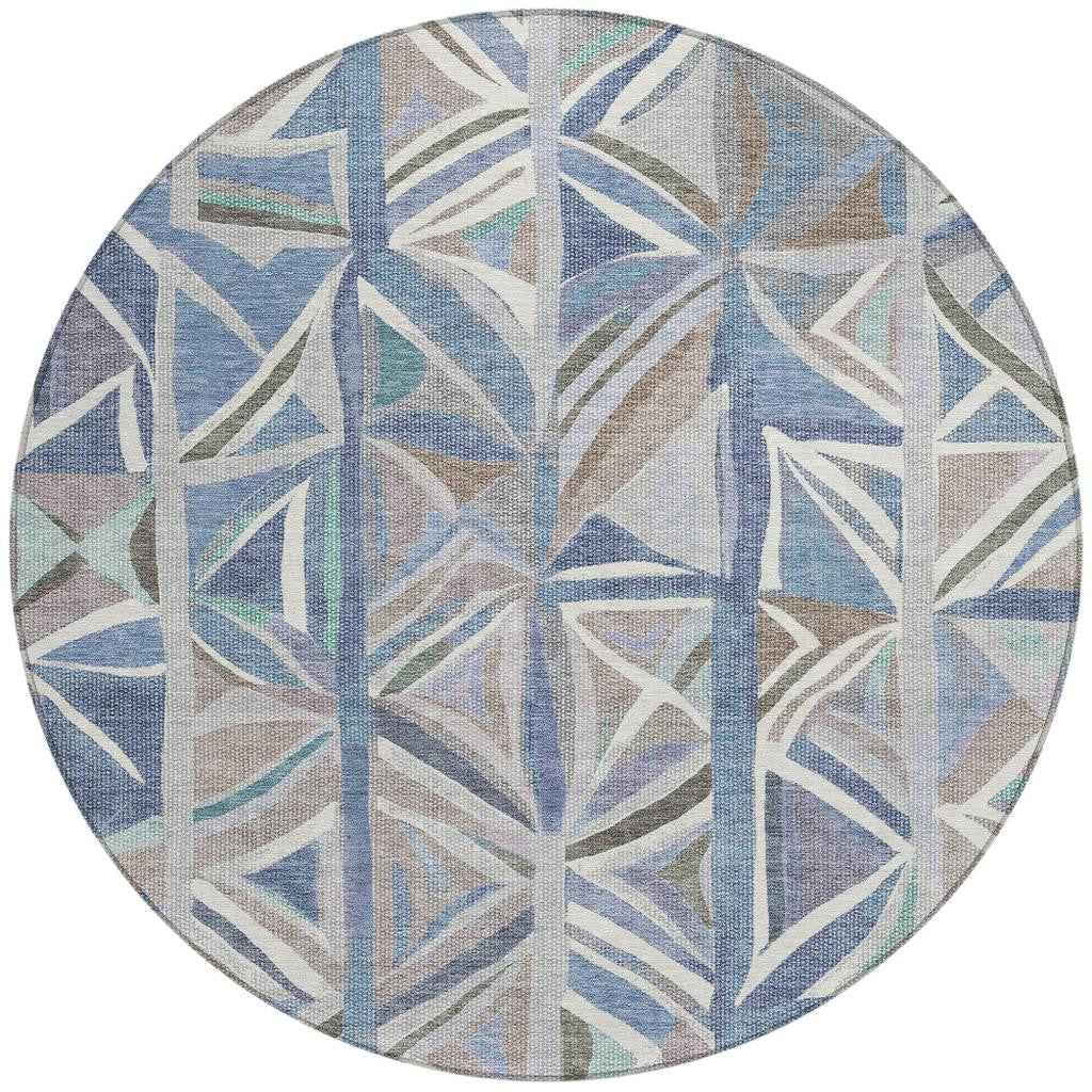 8' Denim Blue And Ivory Round Geometric Washable Indoor Outdoor Area Rug