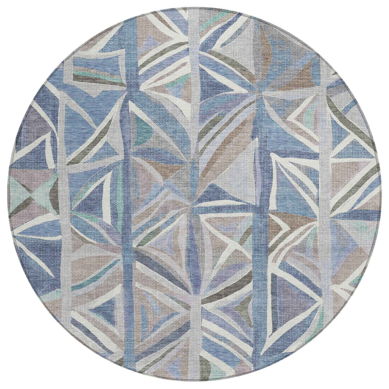 8' Denim Blue And Ivory Round Geometric Washable Indoor Outdoor Area Rug