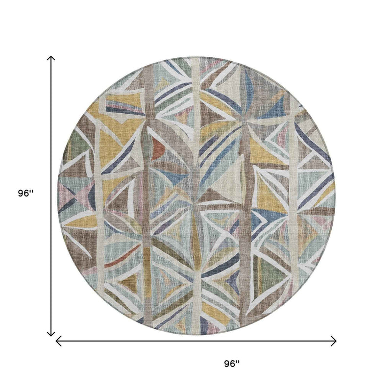 8' Taupe Ivory And Gold Round Geometric Washable Indoor Outdoor Area Rug