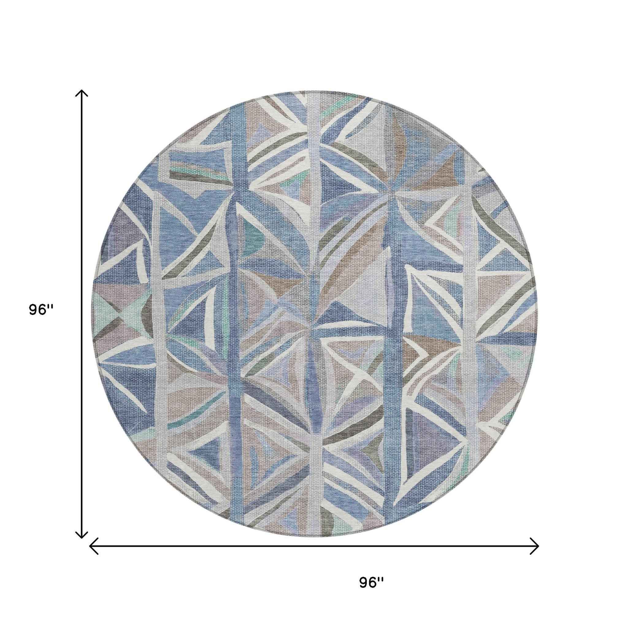 8' Denim Blue And Ivory Round Geometric Washable Indoor Outdoor Area Rug
