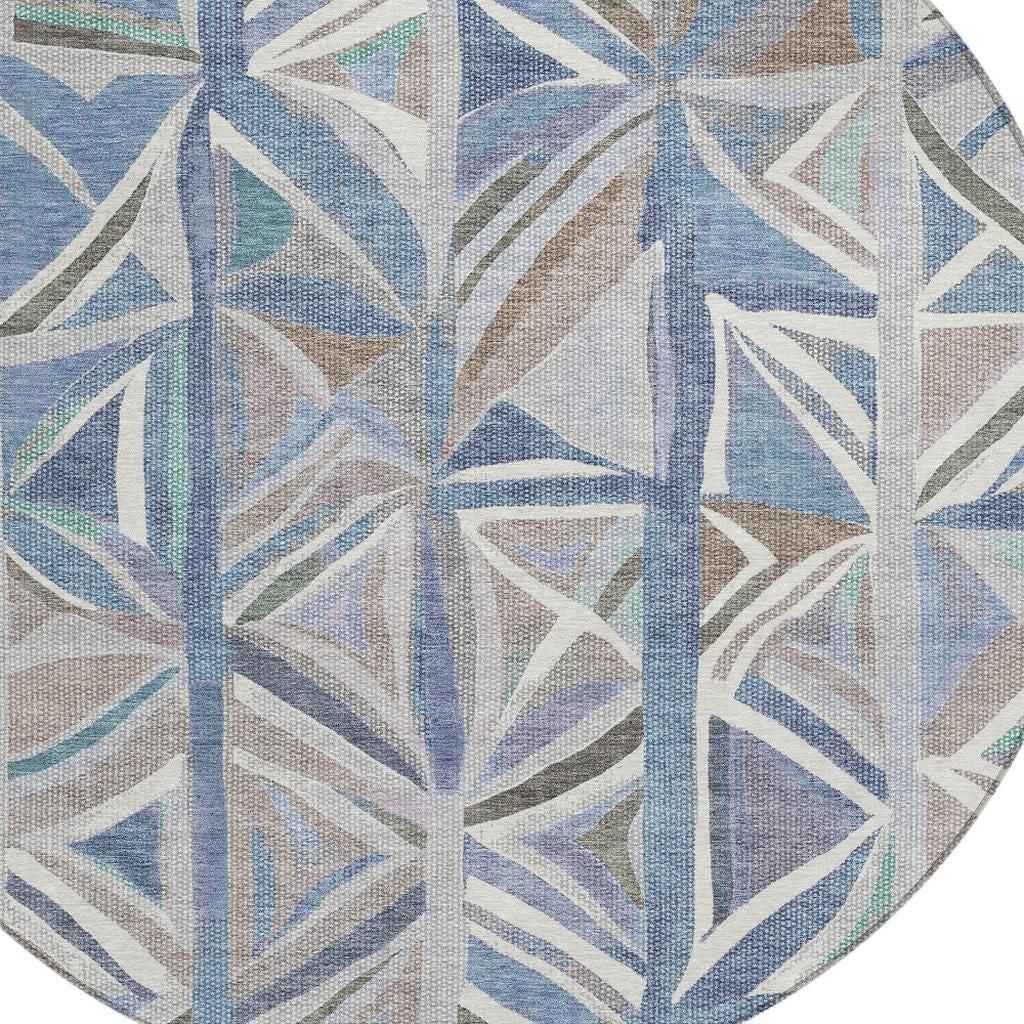 8' Denim Blue And Ivory Round Geometric Washable Indoor Outdoor Area Rug
